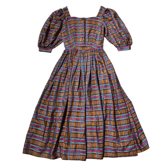 70s vintage plaid puff sleeve dress cottage victorian sweetheart Maxi acetate. - Picture 4 of 9